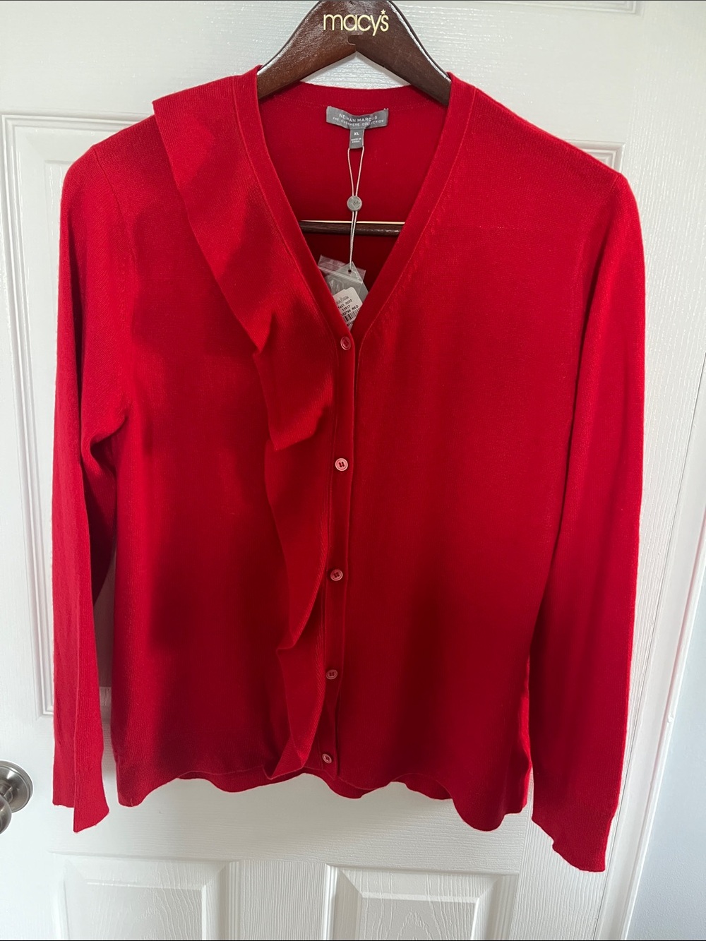 Red Ruffle-Trim Button Cardigan. 100% Cashmere XL Brand New